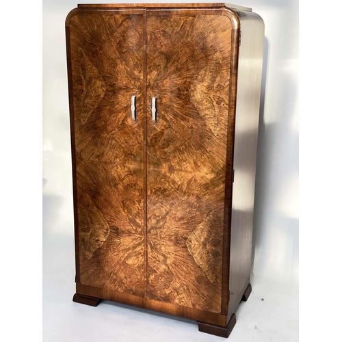 140 - WARDROBE, Art Deco period compactum form, burr walnut enclosing hanging space and shelves, 84cm W x ... 