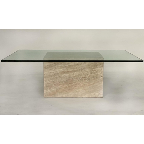 144 - TRAVERTINE LOW TABLE, rectangular polished glass and Italian marble plinth, 130cm x 70cm x 42cm H.