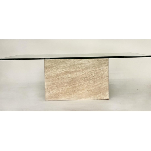 144 - TRAVERTINE LOW TABLE, rectangular polished glass and Italian marble plinth, 130cm x 70cm x 42cm H.