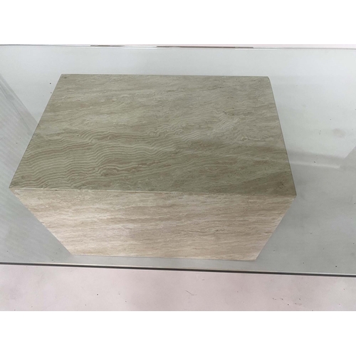 144 - TRAVERTINE LOW TABLE, rectangular polished glass and Italian marble plinth, 130cm x 70cm x 42cm H.