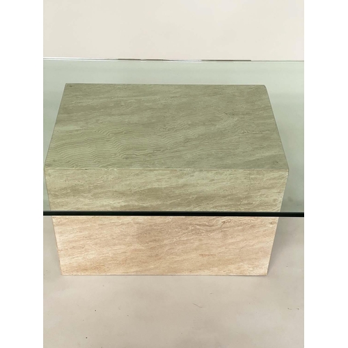 144 - TRAVERTINE LOW TABLE, rectangular polished glass and Italian marble plinth, 130cm x 70cm x 42cm H.