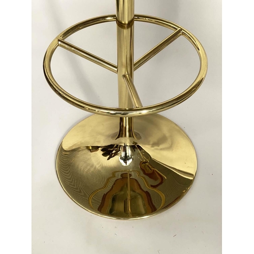 253 - JOHANSON DESIGN SWEDISH BAR STOOLS, a pair, with leather back and seat and gilt brass support, 107cm... 
