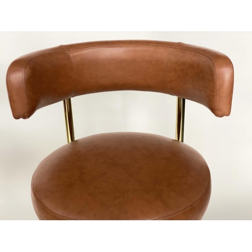 253 - JOHANSON DESIGN SWEDISH BAR STOOLS, a pair, with leather back and seat and gilt brass support, 107cm... 