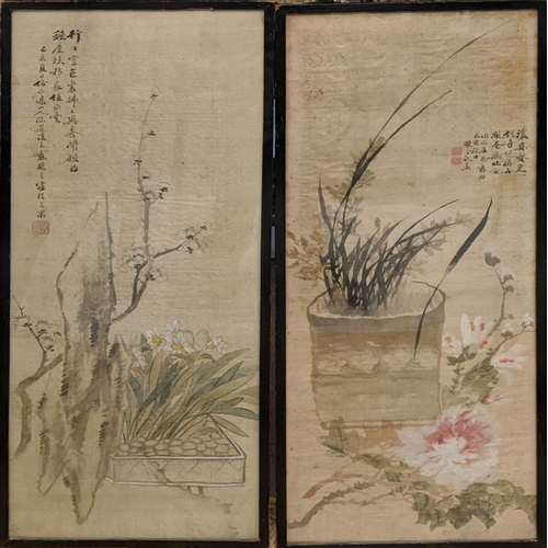 28 - 19TH CENTURY CHINESE SCHOOL, two figurative studies and two still lifes watercolour on silk, 81cm H ... 