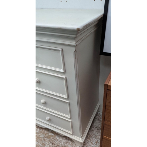 390 - CHEST OF DRAWERS, 114cm x 47cm x 102cm, white painted, two short above three long drawers.