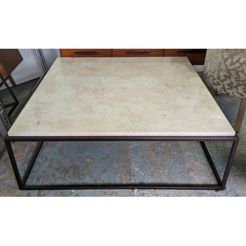 403 - COFFEE TABLE, marble topped, black aluminium frame, square sectioned, 41cm H x120cm x 120cm D.