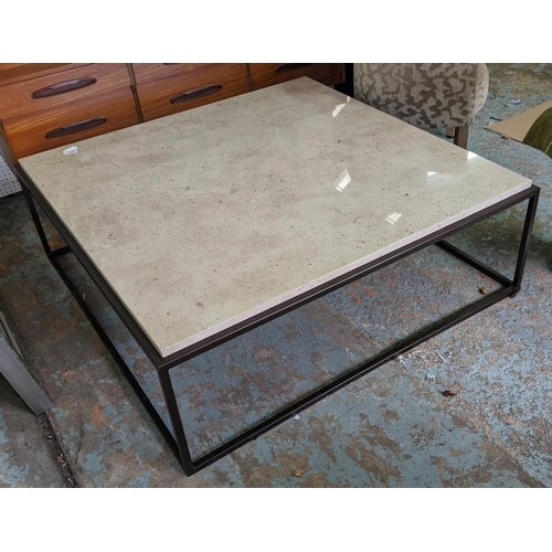 403 - COFFEE TABLE, marble topped, black aluminium frame, square sectioned, 41cm H x120cm x 120cm D.