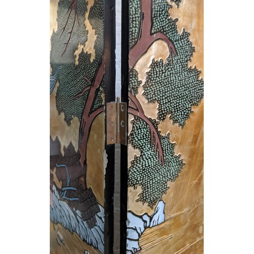 165 - JAPANESE FOUR PANEL SCREEN, female figures in a garden setting, polychrome, gilt and black lacquer, ... 