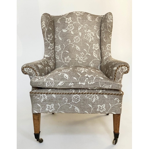 114 - WING ARMCHAIR, Edwardian cream/parchment two tone foliate upholstered on square tapering supports, 7... 