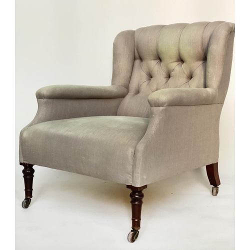 119 - WING BACK ARMCHAIR, 19th century linen upholstered with button back and turned tapering front suppor... 