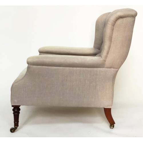 119 - WING BACK ARMCHAIR, 19th century linen upholstered with button back and turned tapering front suppor... 