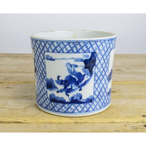 5 - CHINESE BRUSH POT, Kangxi style, blue and white decorated with figural scenes, 16cm H x 19cm D.