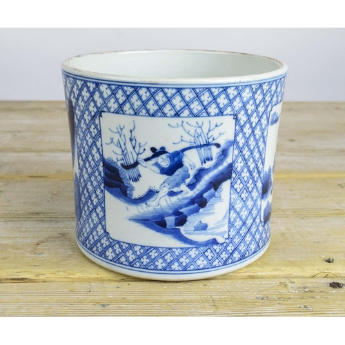 5 - CHINESE BRUSH POT, Kangxi style, blue and white decorated with figural scenes, 16cm H x 19cm D.