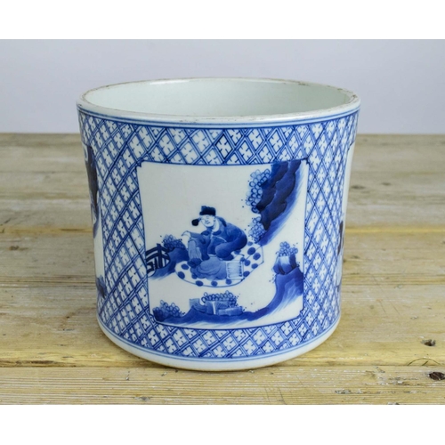 5 - CHINESE BRUSH POT, Kangxi style, blue and white decorated with figural scenes, 16cm H x 19cm D.