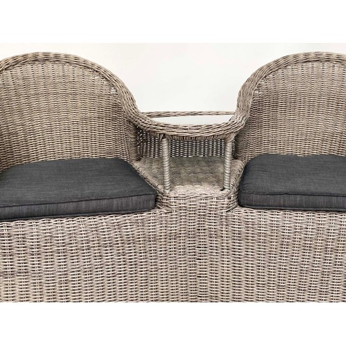 134 - TERRACE SEAT, all weather cane conversation style arched bow backs, linen cushions and conjoined gla... 