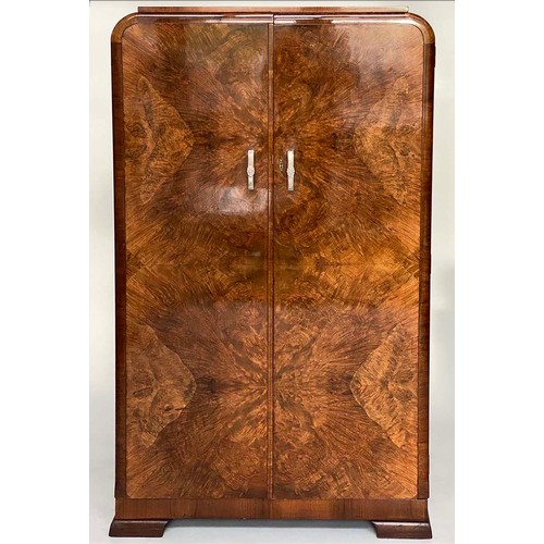 140 - WARDROBE, Art Deco period compactum form, burr walnut enclosing hanging space and shelves, 84cm W x ... 