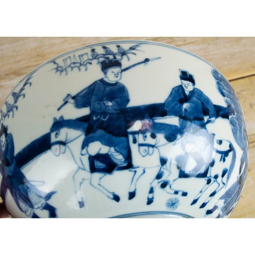 7 - CHINESE BOWL, Kangxi style, blue and white decorated with  The Emperor surrounded by bodyguards, 10c... 