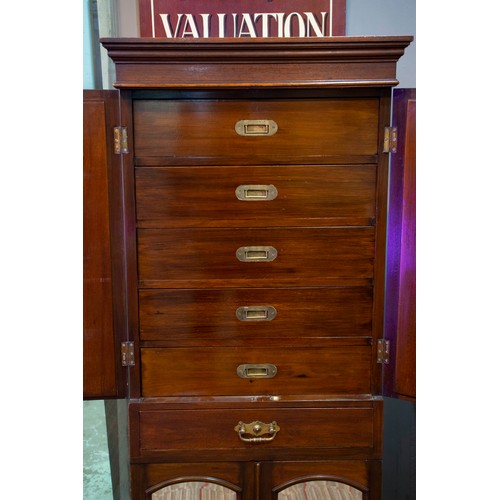 228 - COLLECTORS SECRETAIRE CABINET, Edwardian mahogany, fitted mirrored doors enclosing five drawers, sec... 