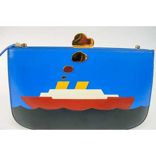 10 - HERMÈS BOX COURCHEVEL BOAT SAC A MALICE, blue box leather ground with appliqued leather ship and sea... 