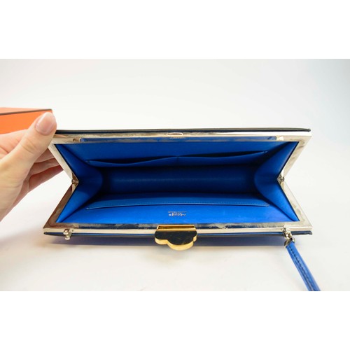 10 - HERMÈS BOX COURCHEVEL BOAT SAC A MALICE, blue box leather ground with appliqued leather ship and sea... 