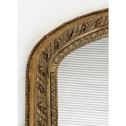 127 - OVERMANTEL MIRROR, 19th century arched giltwood and gesso guilloche and bead moulded with scroll sup... 