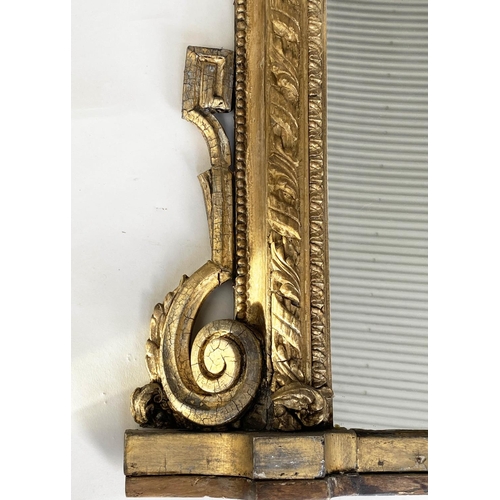 127 - OVERMANTEL MIRROR, 19th century arched giltwood and gesso guilloche and bead moulded with scroll sup... 