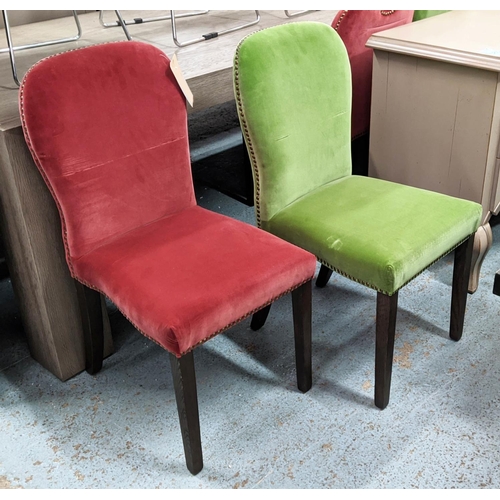 496 - DINING CHAIRS, 93cm H, a set of five, velvet upholstered, three green and two red, studded detail.5