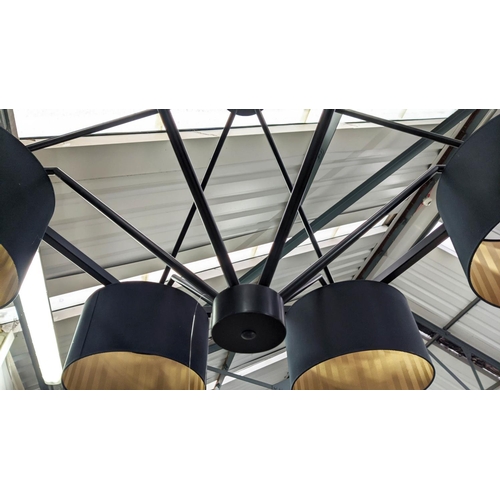 493 - CEILING PENDANT LIGHT, contemporary design, six branch, with shades, 54cm drop.