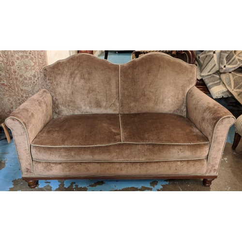 242 - SOFA, traditional brown cloth upholstery, beige piping to edges, wooden frame, 84cm H x 145cm W x 80... 