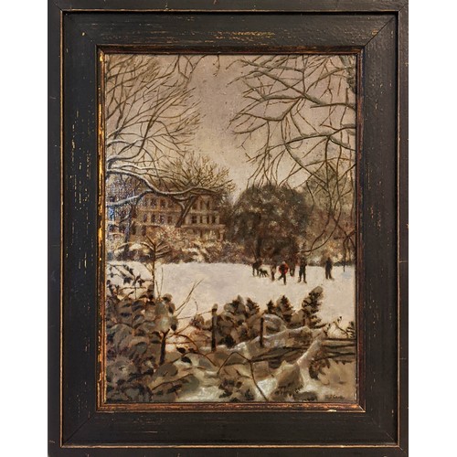 30 - BARBARA J CARTER (Contemporary school), 'Ladbroke Square Garden in the snow', oil on board, 30cm x 3... 