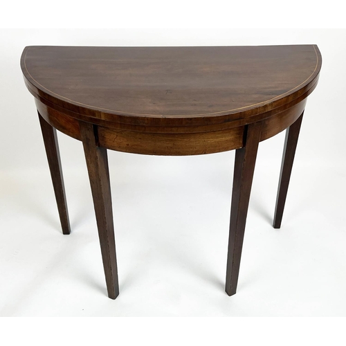 152 - DEMI LUNE CARD TABLE, 73cm H x 92cm x 46cm, George III mahogany and boxwood strung with green baize ... 