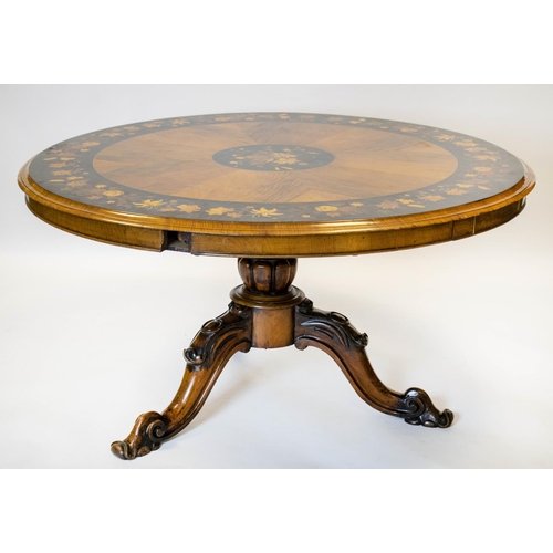 151 - CENTRE TABLE, 70cm H x 135cm D, mid Victorian walnut in the manner of Gillows with circular marquetr... 