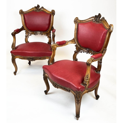 142 - FAUTEUILS, 95cm H x 65cm, a pair, 19th century French walnut in red leatherette. (2)