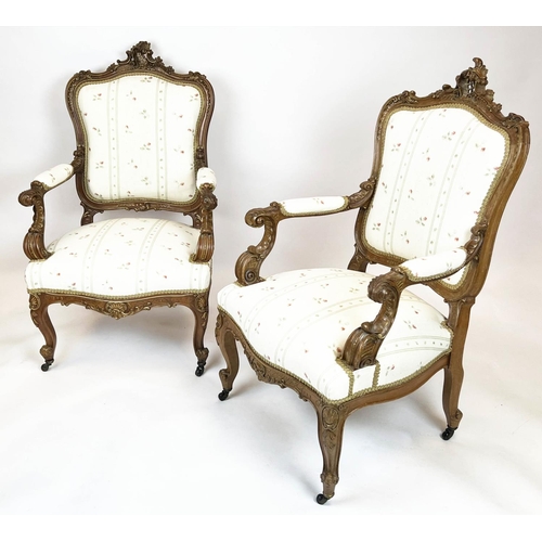 143 - FAUTEUILS, 105cm H x 64cm, a pair, late 19th century French walnut and gilt heightened in patterned ... 