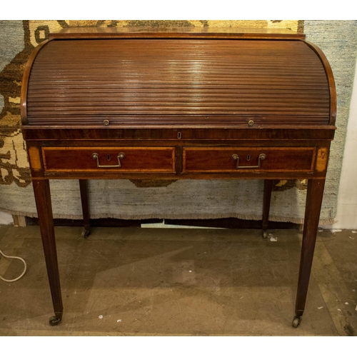 137 - ROLL TOP DESK, 99cm H x 92cm x 67cm, George III mahogany and satinwood with tambour top, fitted inte... 