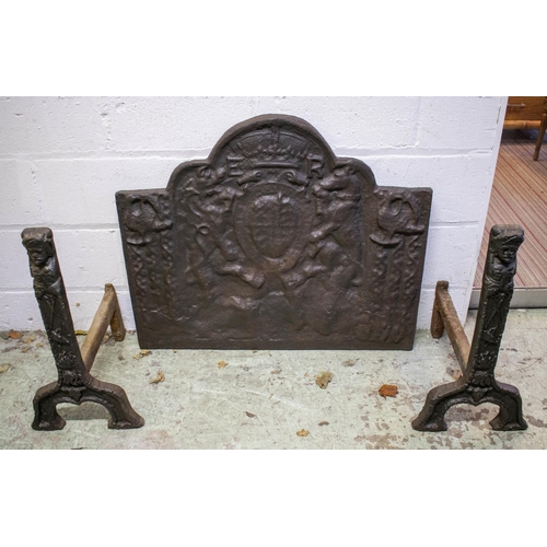 136 - FIREBACK, 77cm H x 94cm W, Elizabeth I, second half 16th century cast iron and a pair of andirons, 6... 