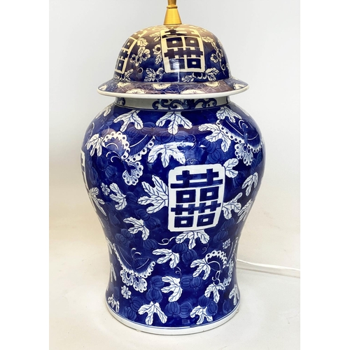 84 - TABLE LAMPS, a pair, large Chinese blue and white ceramic of lidded ginger jar form with script pane... 