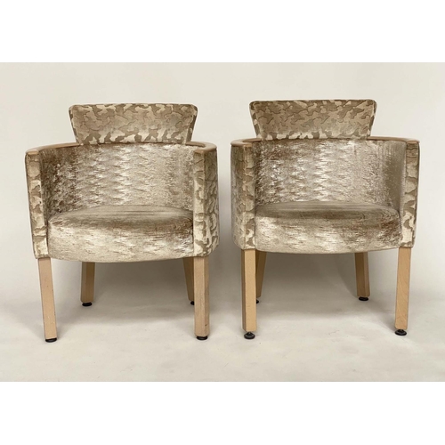 72 - ARMCHAIRS BY COLLINET SIEGES OF FRANCE, a pair, with rounded backs and gold twill/foliate upholstery... 
