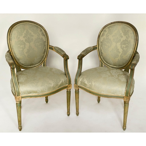 103 - FAUTEUILS, a pair, French Louis XVI style green and parcel gilt with brocade upholstery, 58cm W. (2)