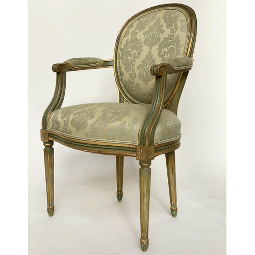 103 - FAUTEUILS, a pair, French Louis XVI style green and parcel gilt with brocade upholstery, 58cm W. (2)