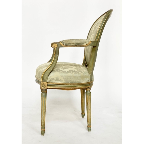 103 - FAUTEUILS, a pair, French Louis XVI style green and parcel gilt with brocade upholstery, 58cm W. (2)