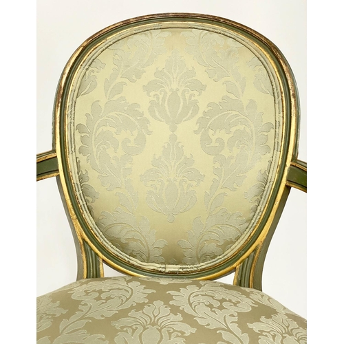 103 - FAUTEUILS, a pair, French Louis XVI style green and parcel gilt with brocade upholstery, 58cm W. (2)