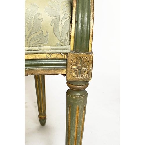 103 - FAUTEUILS, a pair, French Louis XVI style green and parcel gilt with brocade upholstery, 58cm W. (2)