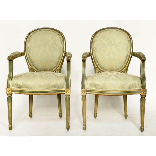 103 - FAUTEUILS, a pair, French Louis XVI style green and parcel gilt with brocade upholstery, 58cm W. (2)