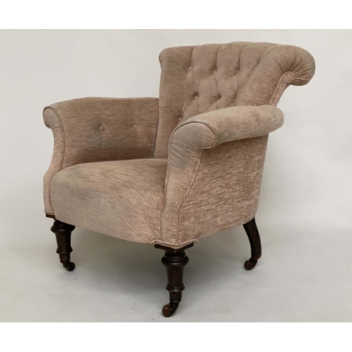 96 - ARMCHAIR, Victorian mahogany with taupe grey buttoned chenille upholstery, scroll arms and turned fr... 