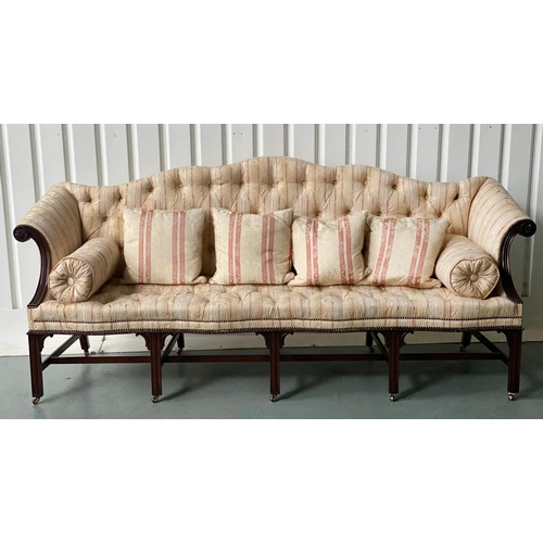 190 - SOFA, George III style mahogany with buttoned striped brocade upholstery, camel back and stretchered... 