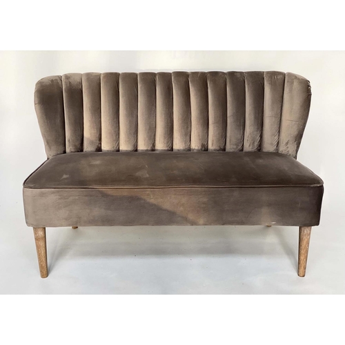 192 - SOFA, grey velvet with bench seat and ribbed back, 124cm W.