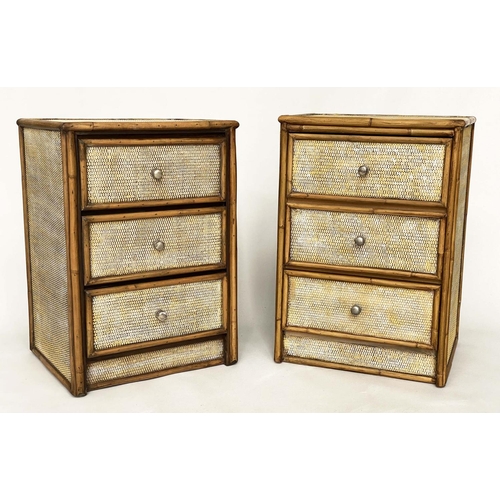 193 - BEDSIDE CHESTS, a pair, bamboo framed, wicker-panelled and cane bound each with three long drawers a... 