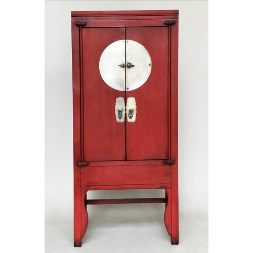 185 - MARRIAGE CABINET, Chinese scarlet lacquered and silvered metal mounted with two panelled doors enclo... 