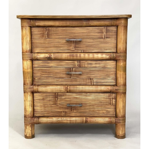 186 - RATTAN CHEST, bamboo and split cane with three long panelled drawers, 88cm W x 50cm D x 98cm H.